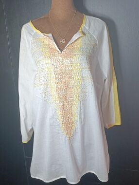 Nurture White Yellow Embroidered V-Neck Tunic Blouse L